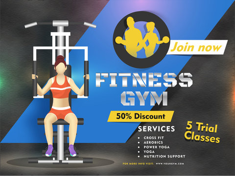 Fitness Gym advertising poster or banner design with 50% discount offer and 5 day trial classes on abstract background. - Powered by Adobe