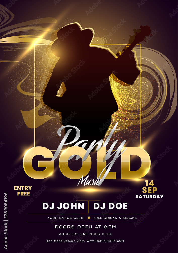 Poster gold music party invitation card design with silhouette guy playing guitar on abstract glittering ef