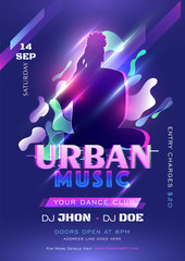 Urban Music template or flyer design with female silhouette and lighting effect on abstract fluid art background.