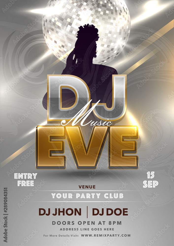 Poster dj music eve template or flyer design with silhouette female and silver shiny disco ball on grey lig