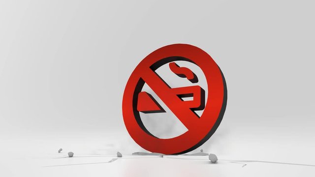 3d rendering heavy impact red symbol of cigarette in ban circle with slash in empty grey space 4k animation