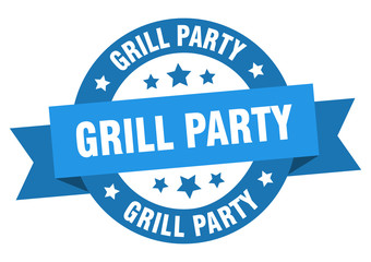 grill party ribbon. grill party round blue sign. grill party