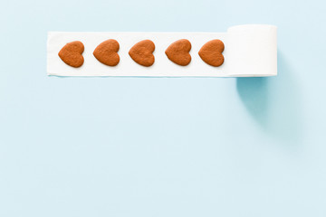 favorite toilet paper. Rolls of toilet paper on color background, top view. Space for text