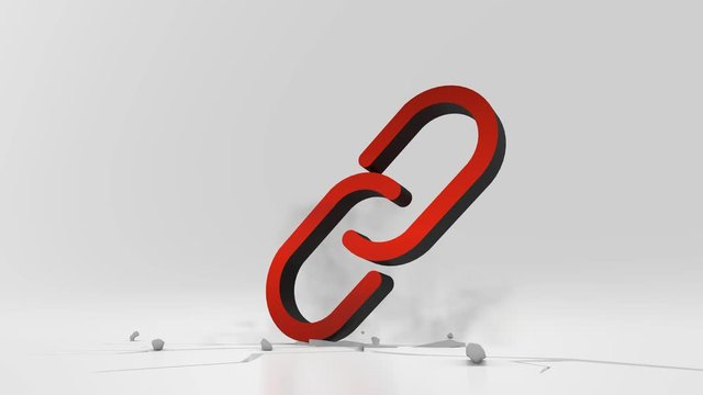 3d rendering heavy impact red symbol of two thin chain links in empty grey space 4k animation