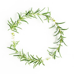 Round wreath frame made of mix of herbs, green branches, leaves rosemary and thyme. Set of...