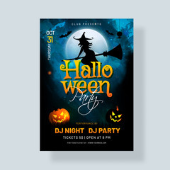 Halloween Party invitation card design with flying witch and scary pumpkin on full moon night background with venue details.
