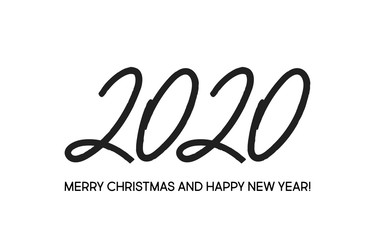 2020 hand drawn logo. Happy New Year and Merry Christmas text design. Design for banner, poster, postcard, print and calendar. Vector illustration