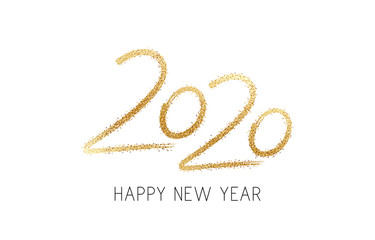 2020 Happy New Year text design. Golden text with bright sparkles. Hand drawn logo. Design for banner, poster, postcard, print and calendar. Vector illustration