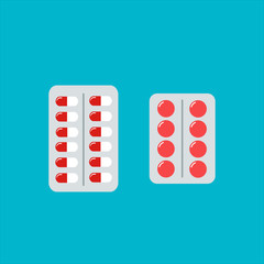 Set of pills and capsules. Tablets in blisters, painkillers, antibiotics, vitamins and aspirin. Medical pills icon. Illustration in flat style
