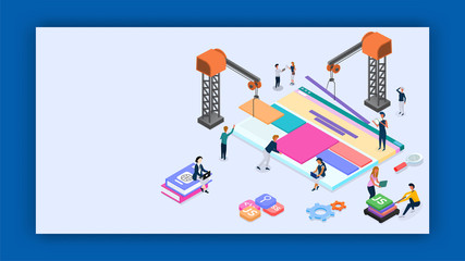 Business people maintaining the website and help of tower crane with different programming language sign for Web Development or Teamwork concept based isometric design.