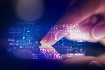 Finger touching tablet with web technology icons and SMART TECHNOLOGY inscription