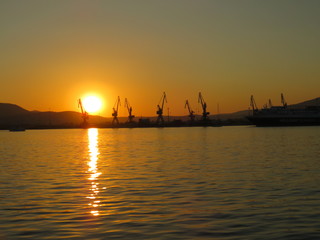 Sunset on the industrial harbor