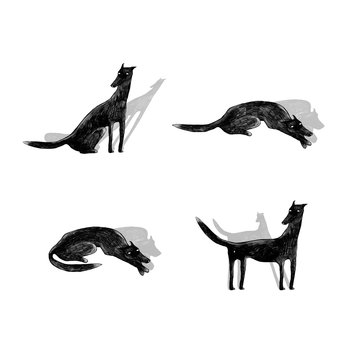 Set of comic sketch hand drawn illustrations of  black dog