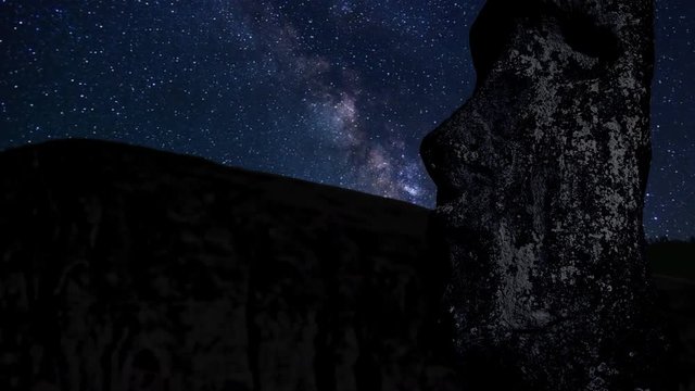 time lapse with stars, foreground statue Moai in the Rano Raraku volcano Easter Island, Chile
