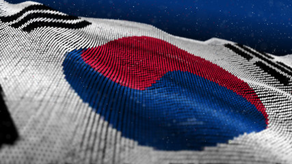 Abstract Glowing Particle Wavy surface with South Korea flag texture. 8K 3D illustration