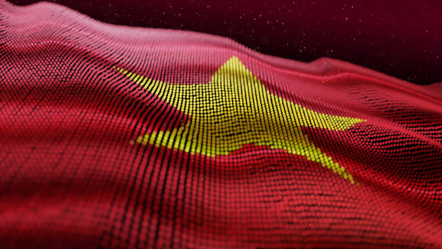 Abstract Glowing Particle Wavy surface with vietnam flag texture. 8K 3D illustration