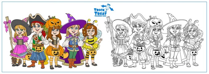 Children dressed in costumes of monsters and magic creatures for Halloween trick or treat color and outlined for coloring page