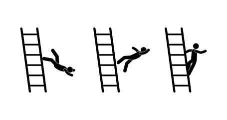 stick figure ladder icon, man falling from ladder pictogram, human silhouette isolated on white background