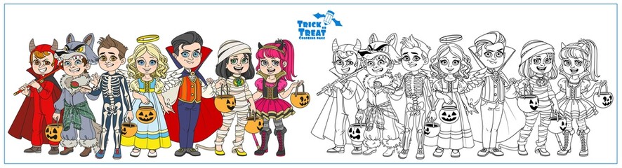Company of children dressed in costumes of monsters and magic creatures for Halloween trick or treat color and outlined for coloring page