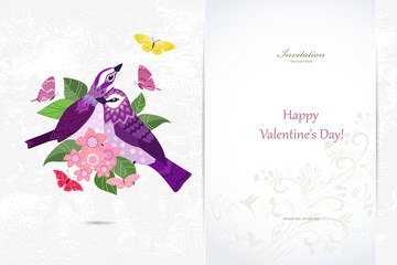 colorful invitation card with couple of birds for your design
