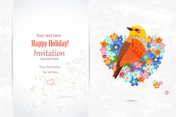ornate invitation card with bird in flower heart for your design