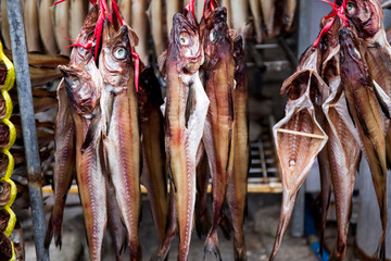 Fototapeta na wymiar Dried fish are haning at the seafood market in Korea