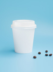 Mockup white paper small espresso coffee cup. Side view on blue background. Copy Space for text