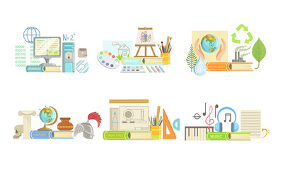 School Subjects Set, Informatics, Ecology, Drafting, Painting, Geography, History, Music Vector Illustration