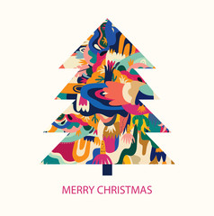Vector holiday illustration with Christmas tree. Merry Christmas greeting card