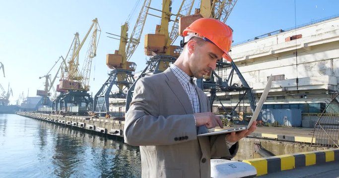 Young male worker of sea harbor in helmet, cargo manager in suit and halmet works outdoor , cranes and sea background	
