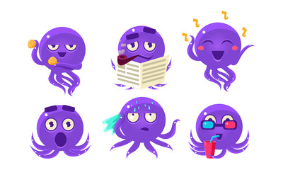 Cute Purple Glossy Octopus Character Set, Funny Sea Creature Showing Various Emotions Vector Illustration