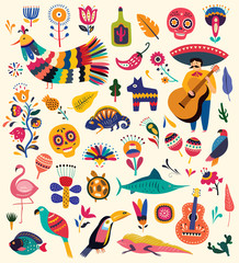 Fototapeta premium Mexican collection with symbols of Mexico. Mexican decorative vector pattern. 