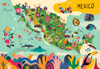 Naklejka na ściany i meble Map of Mexico with traditional symbols and decorative elements.
