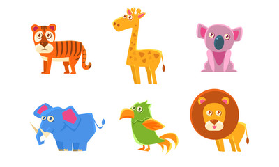 Collection of Cute Exotic Animals, Tiger, Giraffe, Koala, Elephant, Parrot, Lion Vector Illustration