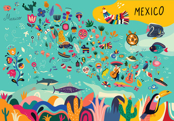 Plakat Map of Mexico with traditional symbols and decorative elements.
