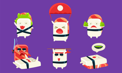 Sushi Cartoon Characters Set, Asian Food, Cute Rolls with Funny Faces in Different Situations and Various Emotions Vector Illustration