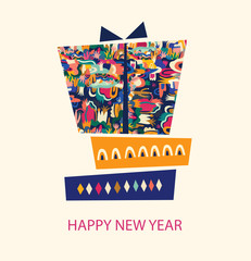 Vector illustration with gift box. Holiday greeting card for New Year and Christmas holidays
