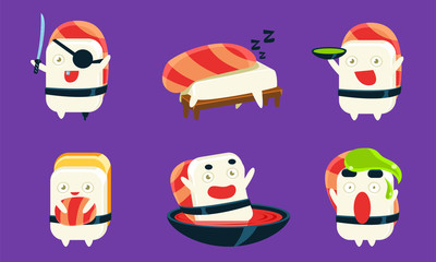 Sushi Cartoon Characters Set, Asian Food, Cute Rolls with Funny Faces in Different Situations and Various Emotions Vector Illustration