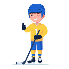 Boy hockey player in a sports uniform with a stick