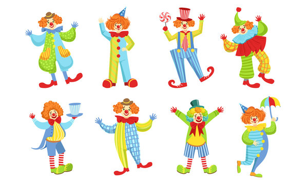Collection of Happy Funny Clowns in Action Poses, Funny Circus Comedian Characters in Bright Costumes Vector Illustration