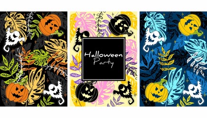 Halloween hand drawn pattern. Creative color background with pumpkin, leaves and ghost