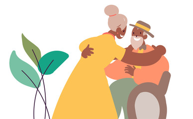 Flat style cartoon cute character, african american elderly couple of people friends family spouse hug. Wheelchair, care. Hand drawn vector illustration.