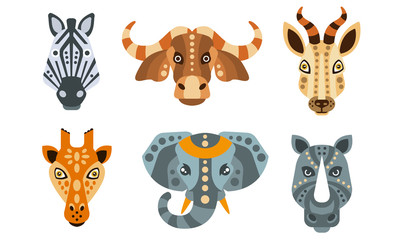 Collection of Animal Heads with Tribal Ethnic Ornament, Zebra, Buffalo, Antelope, Giraffe, Elephant, Rhino Vector Illustration