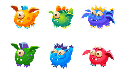 Colorful Little Glossy Fantastic Monsters Set, Funny Big Eyed Mutants Cartoon Characters Vector Illustration