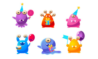 Collection of Cute Funny Colorful Monsters Cartoon Characters, Happy Mutants Celebrating Party Vector Illustration