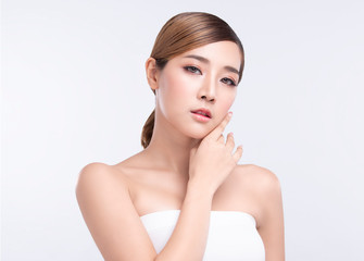 Beauty Young asian woman with perfect facial skin. Gestures for advertisement treatment spa and cosmetology.