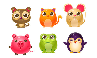 Cute Bright Glossy Animals Set, Dog, Cat, Mouse, Pig, Frog, Penguin Vector Illustration