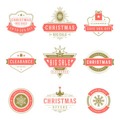 Christmas sale labels and badges with text typographic decoration design vector vintage style set
