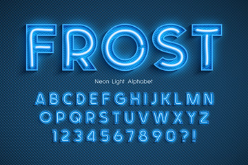Neon light 3d alphabet, extra glowing font. - obrazy, fototapety, plakaty