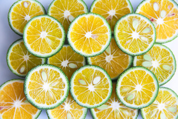 round slices of natural fresh tangerines, oranges, lemon, lime with green peel